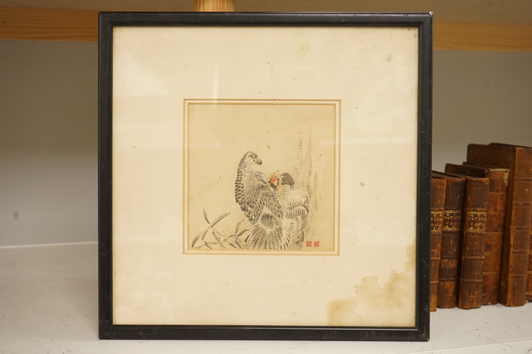 After William Alexander (1767-1816), 'A soldier of Chu-San armed with a matchlock gun', published London January 1st 1804 by W Miller, together with two Chinese School watercolours, Studies of birds, each signed with red